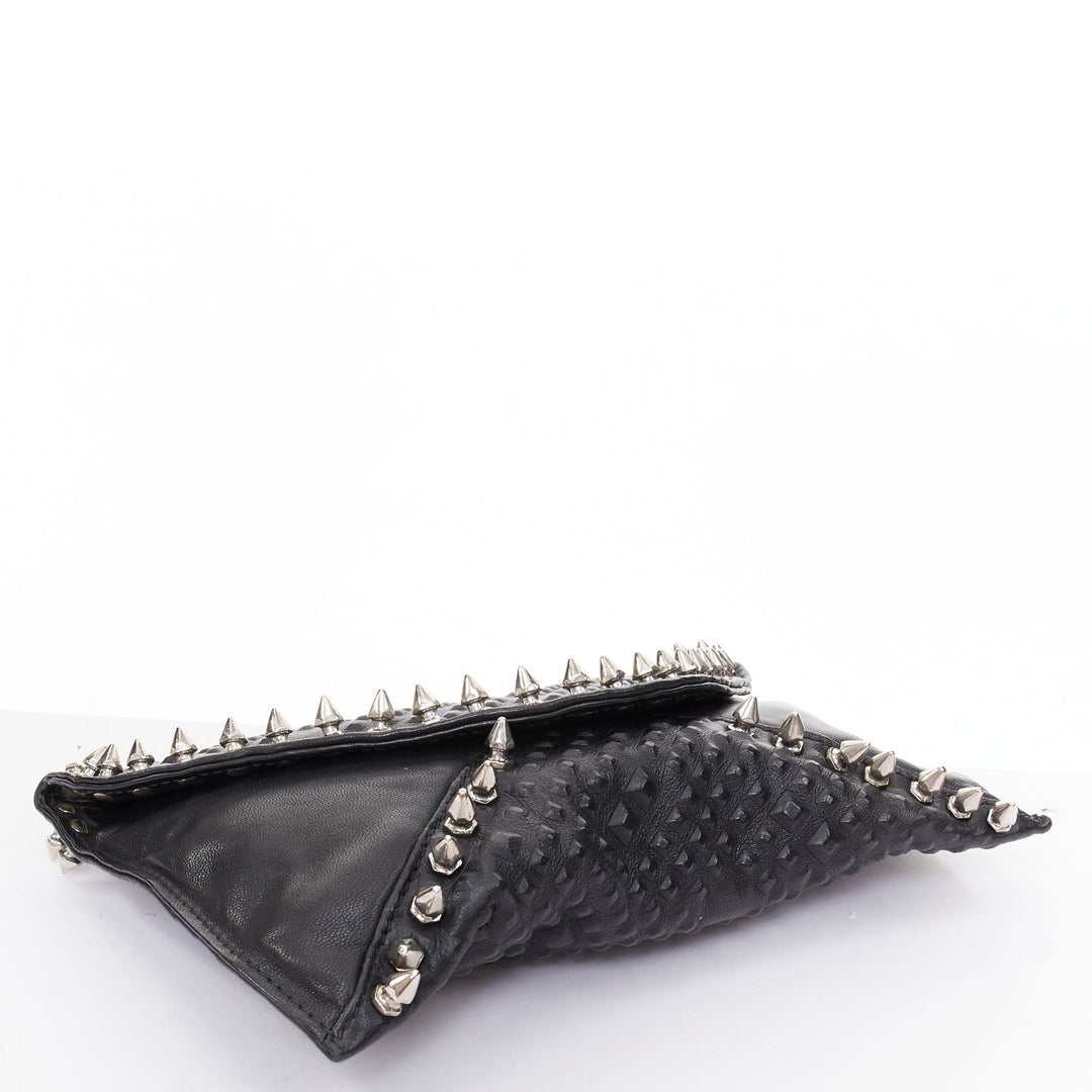 MAISON DU POSH black tonal stud silver spike leather studded envelop clutch bag