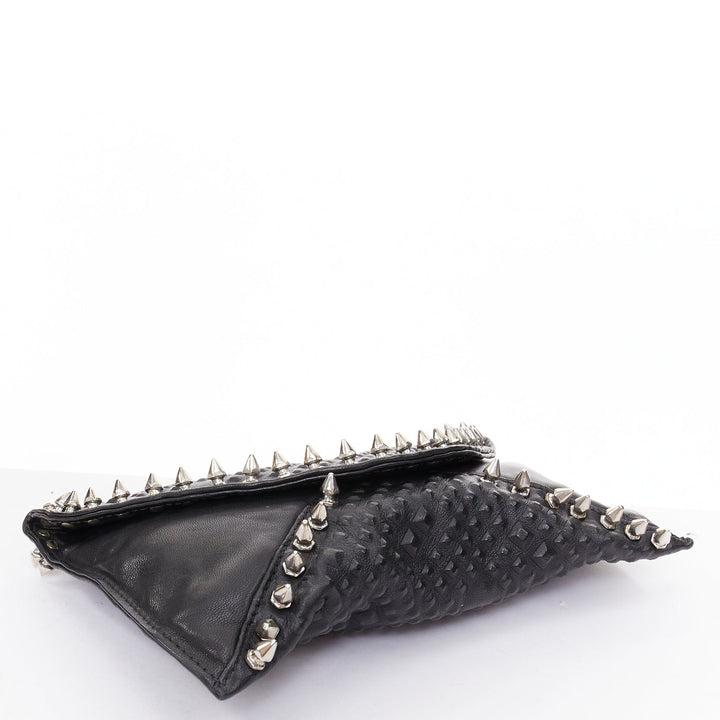 MAISON DU POSH black tonal stud silver spike leather studded envelop clutch bag