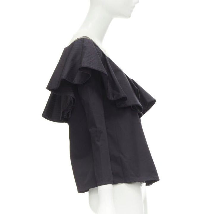 JOHANNA ORTIZ Lazarote black cotton mesh yoke ruffle off shoulder top US2 XS