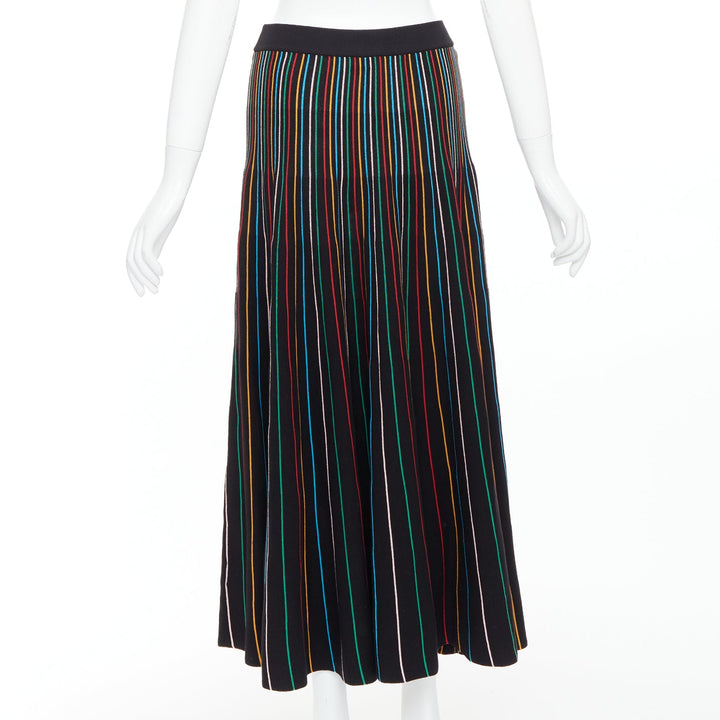 RED VALENTINO black rainbow stripe cotton blend knitted midi skirt S
