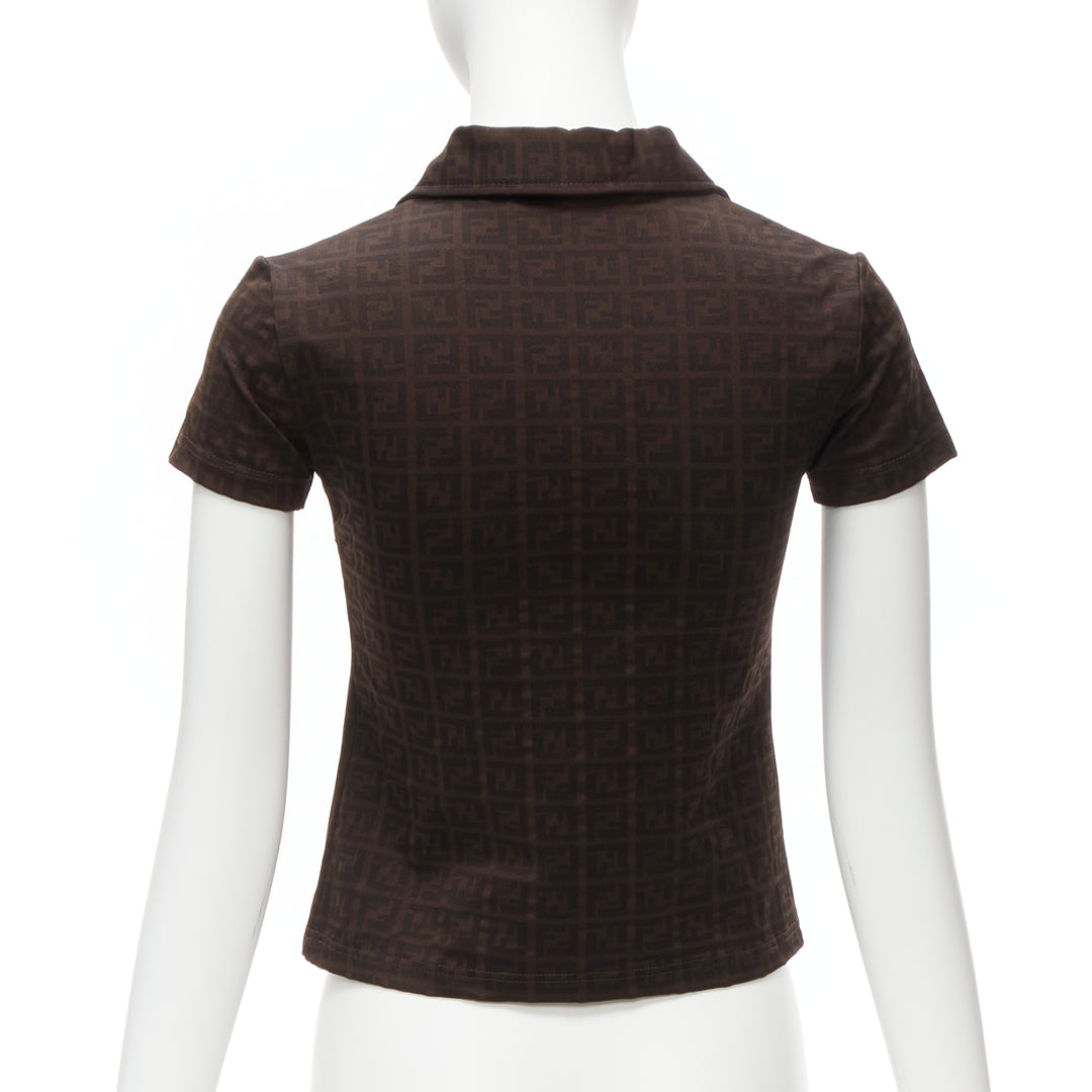FENDI MARE Vintage brown FF Zucca monogram jacquard polo top IT40 S