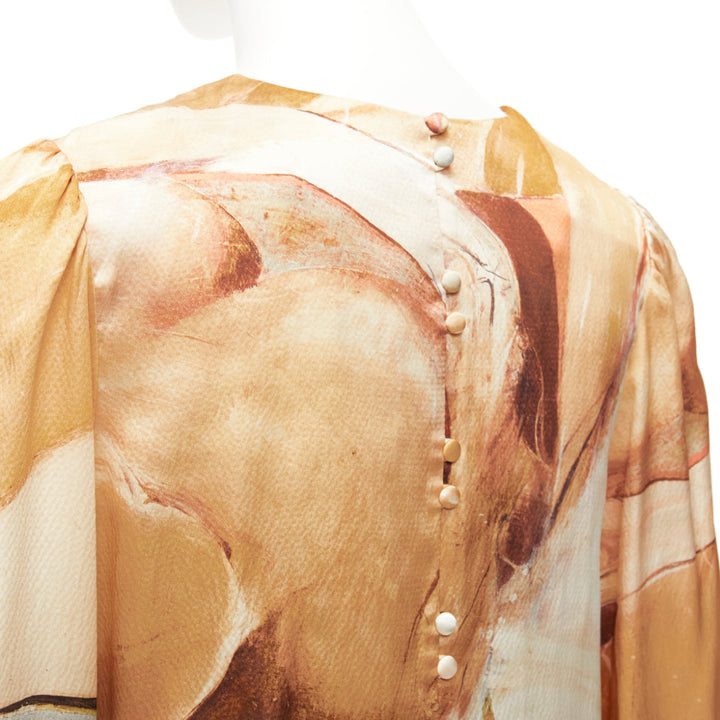 AJE 2018 100% silk beige blue abstract brush print puff sleeve top UK6 XS