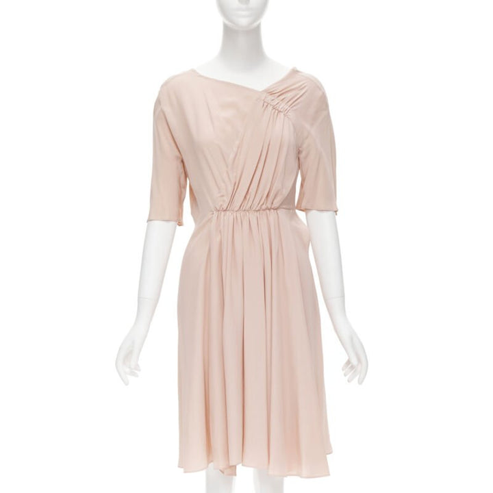 MARNI 100% silk light pink gathered asymmetric draped short sleeve dress IT38 XS