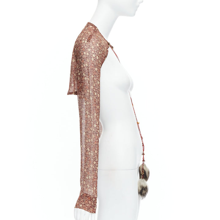 rare DRIES VAN NOTEN Vintage 90s brown silk ethnic fur charm crop top FR36 S