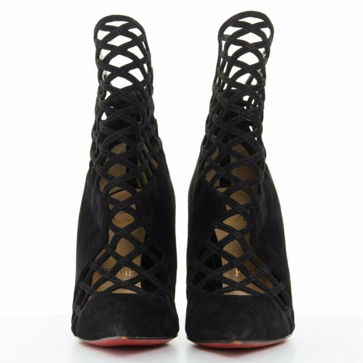 CHRISTIAN LOUBOUTIN Mrs Bouglione black suede mesh cut out pointy bootie EU35