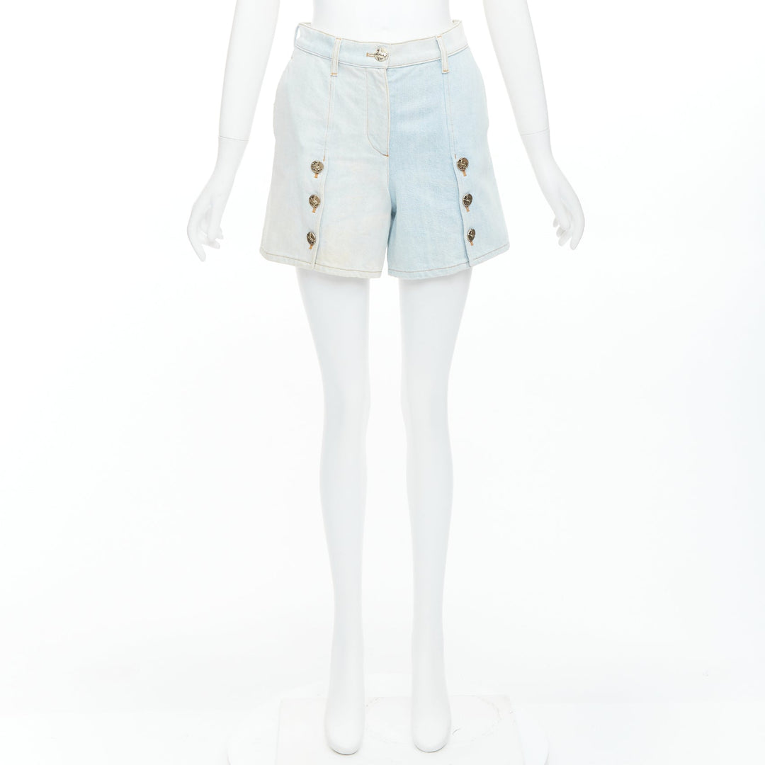 CHANEL 2018 Runway light blue washed denim horse buttons shorts FR34 XS