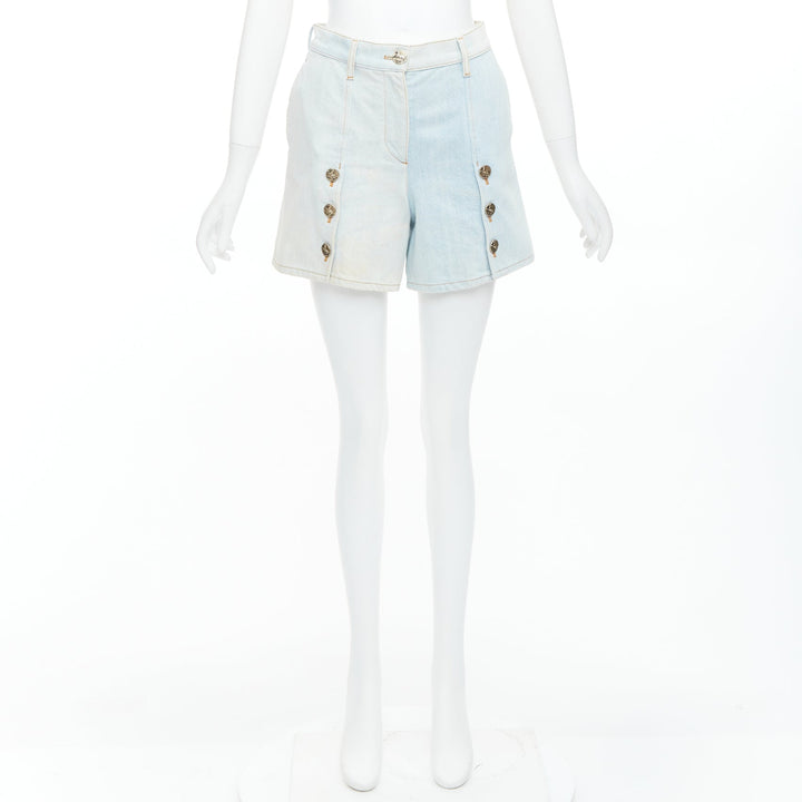 CHANEL 2018 Runway light blue washed denim horse buttons shorts FR34 XS