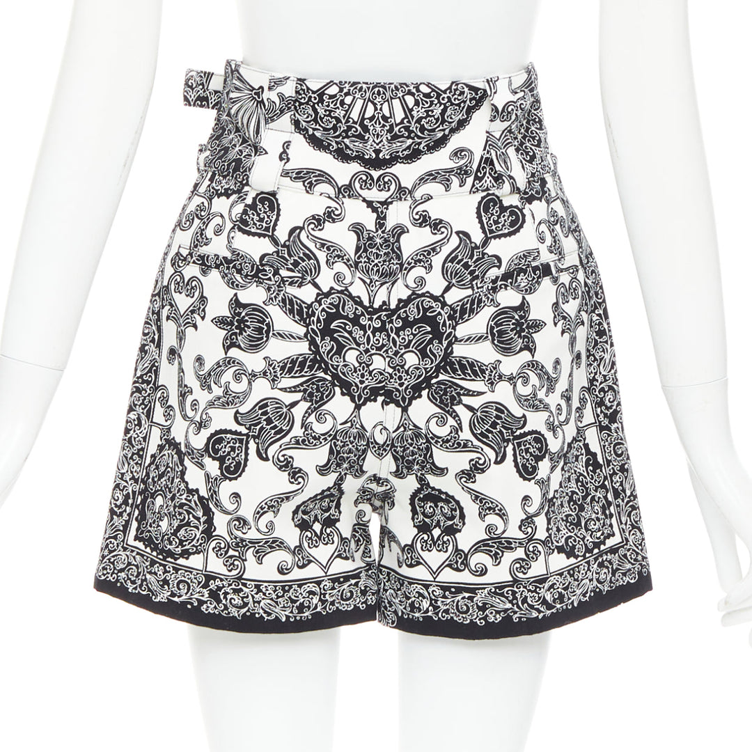 CHRISTIAN DIOR black white cotton handkerchief double belt shorts FR34 XS