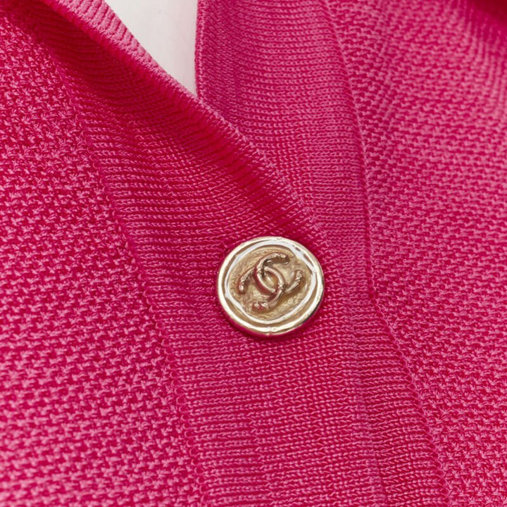 CHANEL pink viscose knit gold CC button embroidery anglais polo dress FR38 M