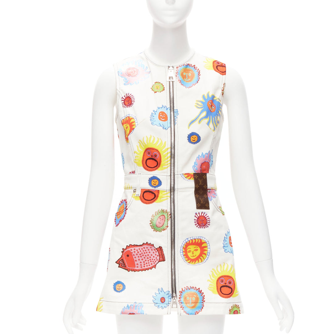 LOUIS VUITTON 2023 Yayoi Kusama Sun Faces white denim monogram zip dress FR34 XS