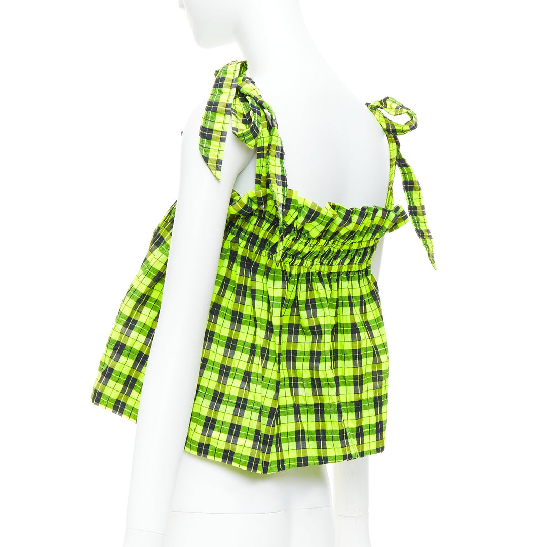 GANNI Checked Seersucker neon green ruffle tie shoulder crop top FR36 S