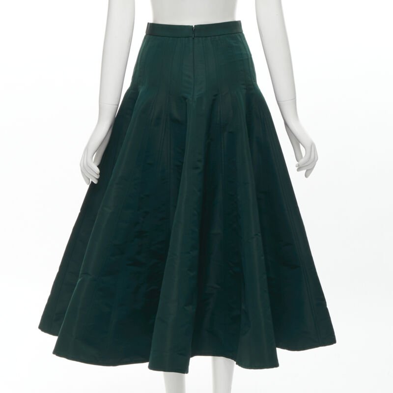 ALEXANDER MCQUEEN green taffeta top stitching panelled flared midi skirt IT36 XS