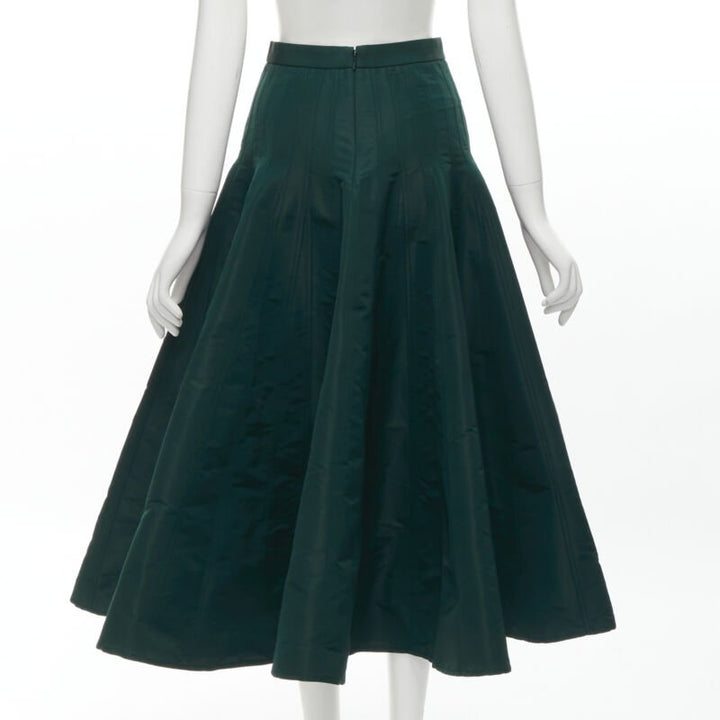 ALEXANDER MCQUEEN green taffeta top stitching panelled flared midi skirt IT36 XS