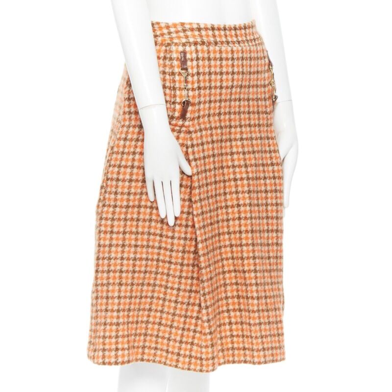 vintage CELINE 1980 orange check wool pleat skirt leather horsebit cuff FR44 XXL