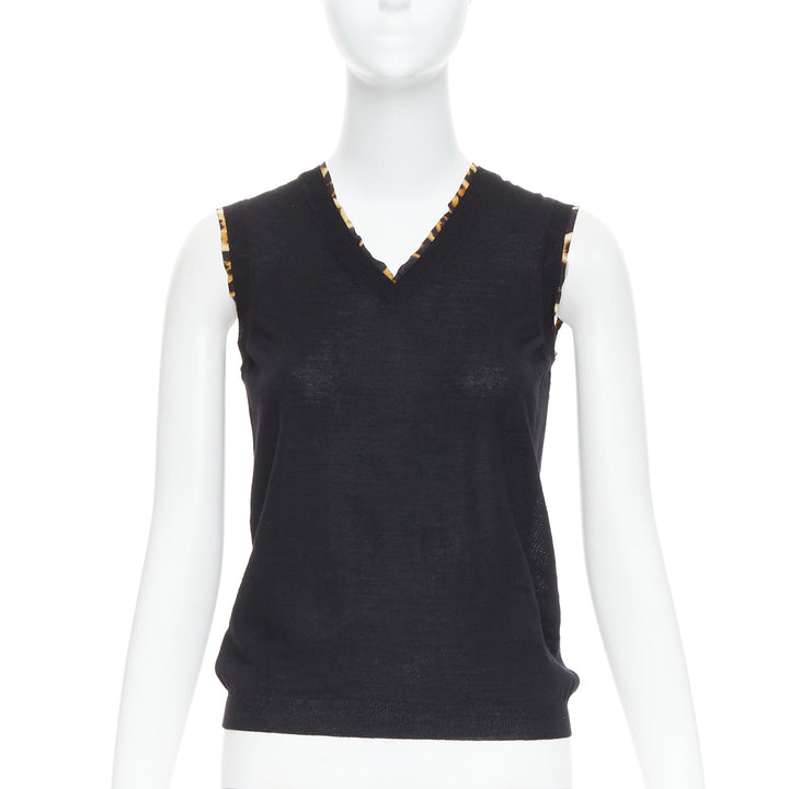 YVES SAINT LAURENT black virgin wool leopard silk trim sweater vest S
