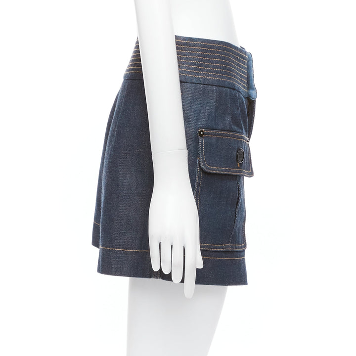 CHLOE blue cotton raw denim yellow topstitched cargo pocket shorts FR36 S