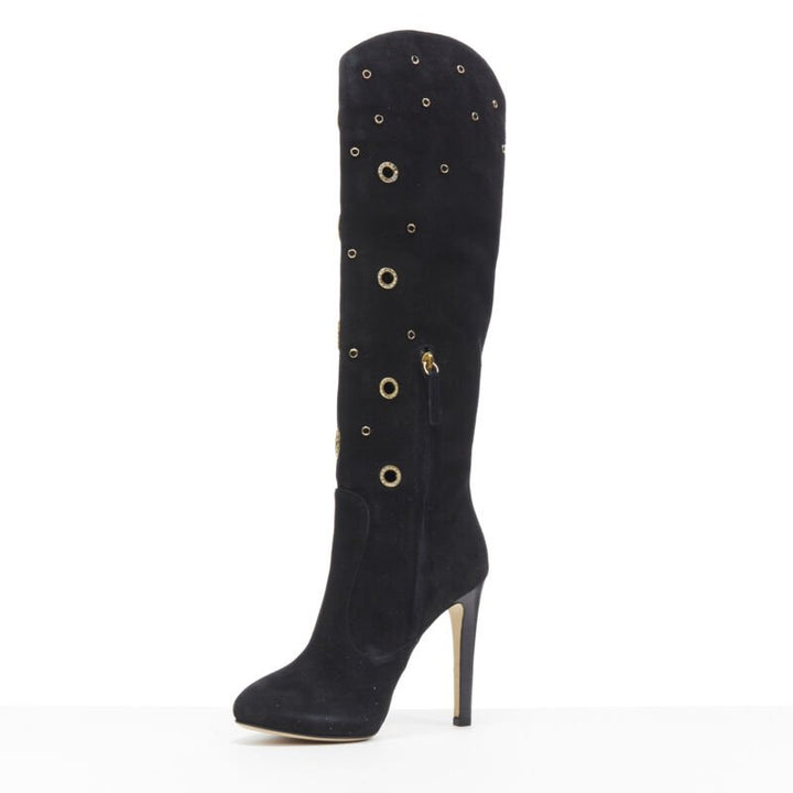 GIUSEPPE ZANOTTI black suede gold crystal eyelet high heel tall boots EU37