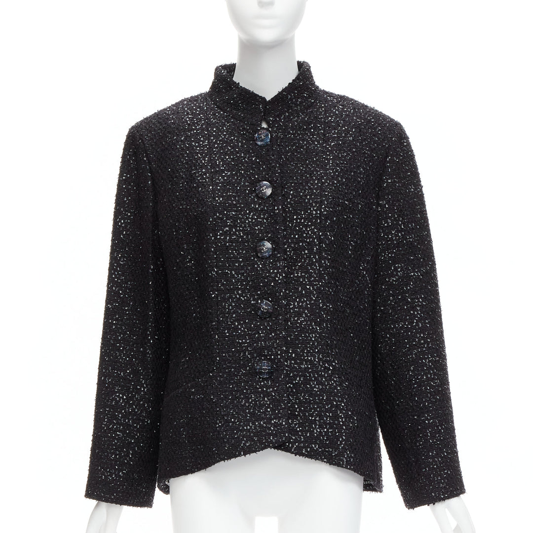 CHANEL 2019 Fantasy Tweed black lurex CC logo button power jacket FR46 XXL