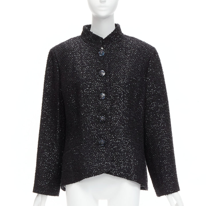 CHANEL 2019 Fantasy Tweed black lurex CC logo button power jacket FR46 XXL