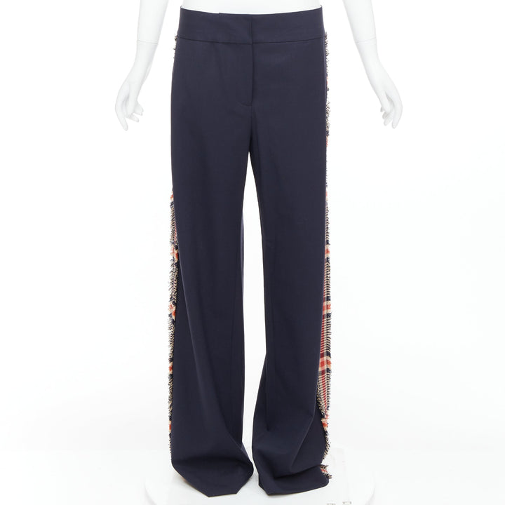 MONSE black virgin wool blend plaid side trim wide trousers US6 M