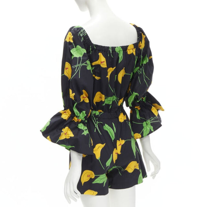 LE DOUBLE J Mantero black green yellow leaf print cotton flared cuff romper XS