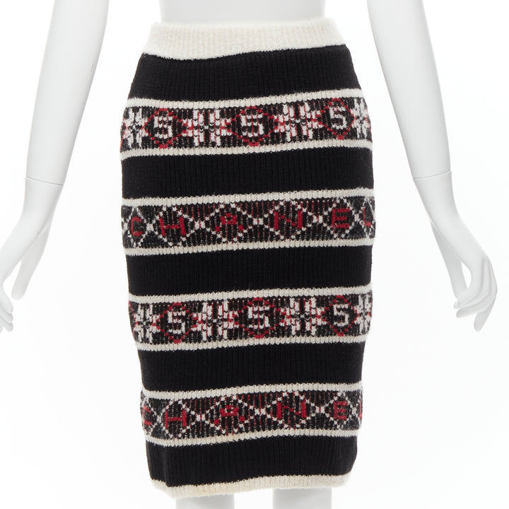 CHANEL Number 5 red black white CC logo fair isle intarsia skirt FR34 XS