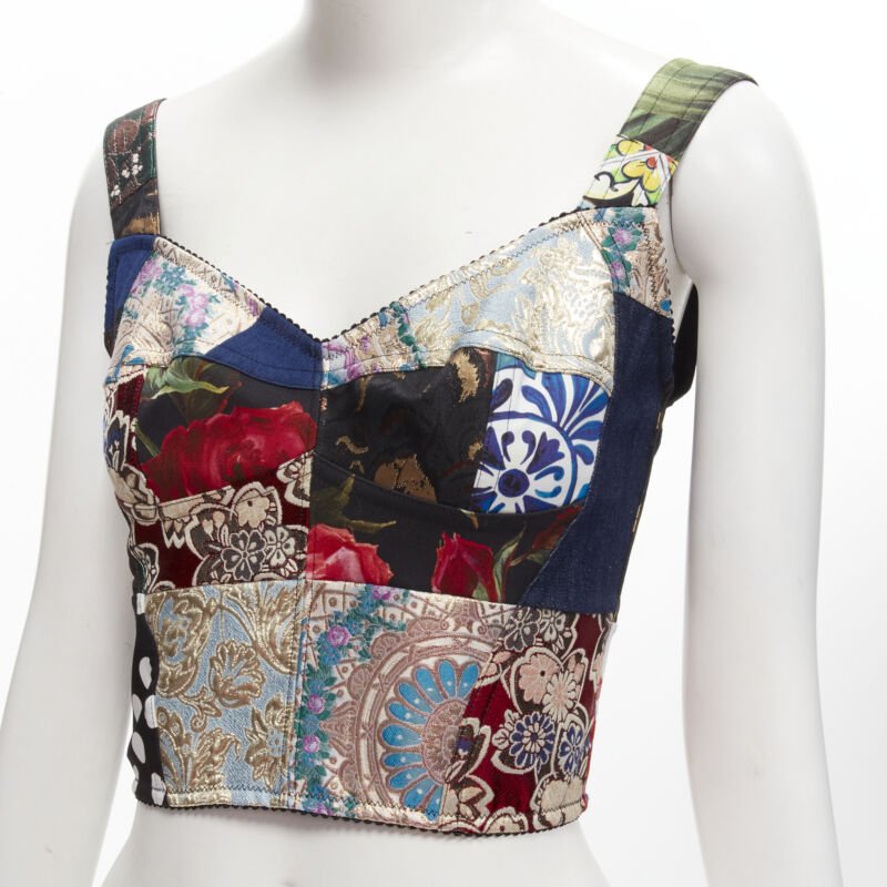 DOLCE GABBANA 2021 Sicilian Patchwork metallic jacquard boned bustier IT38 XS