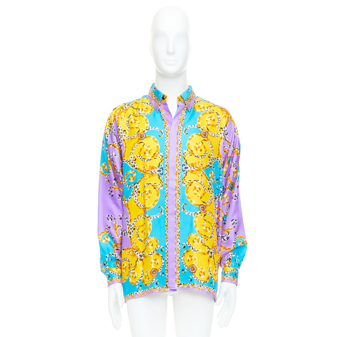 GIANNI VERSACE 1995 Vitnage 100% silk purple yellow leopard barocco shirt IT48 M