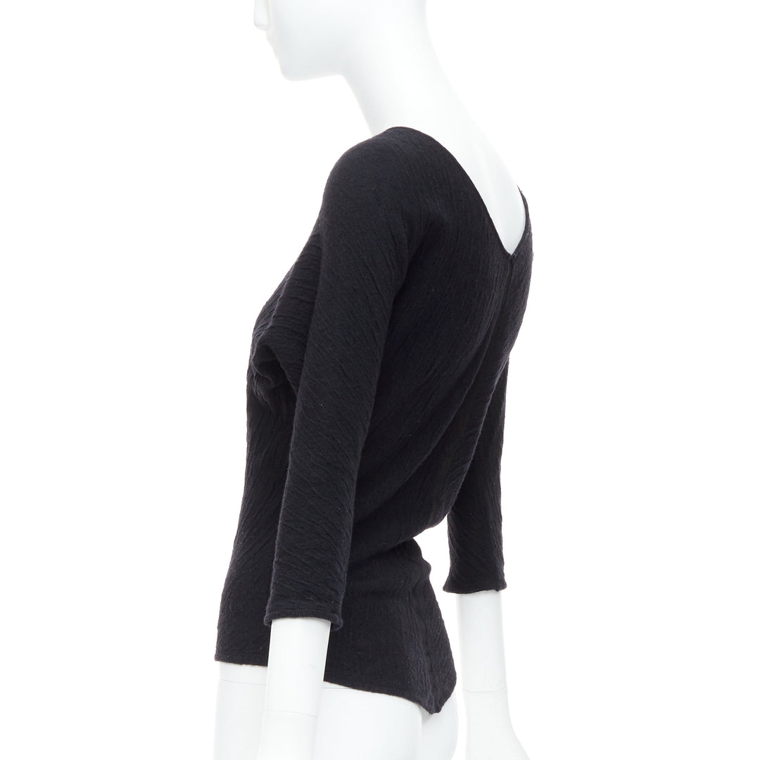 THE ROW black textured bateau neck cropped sleeve pullover top
