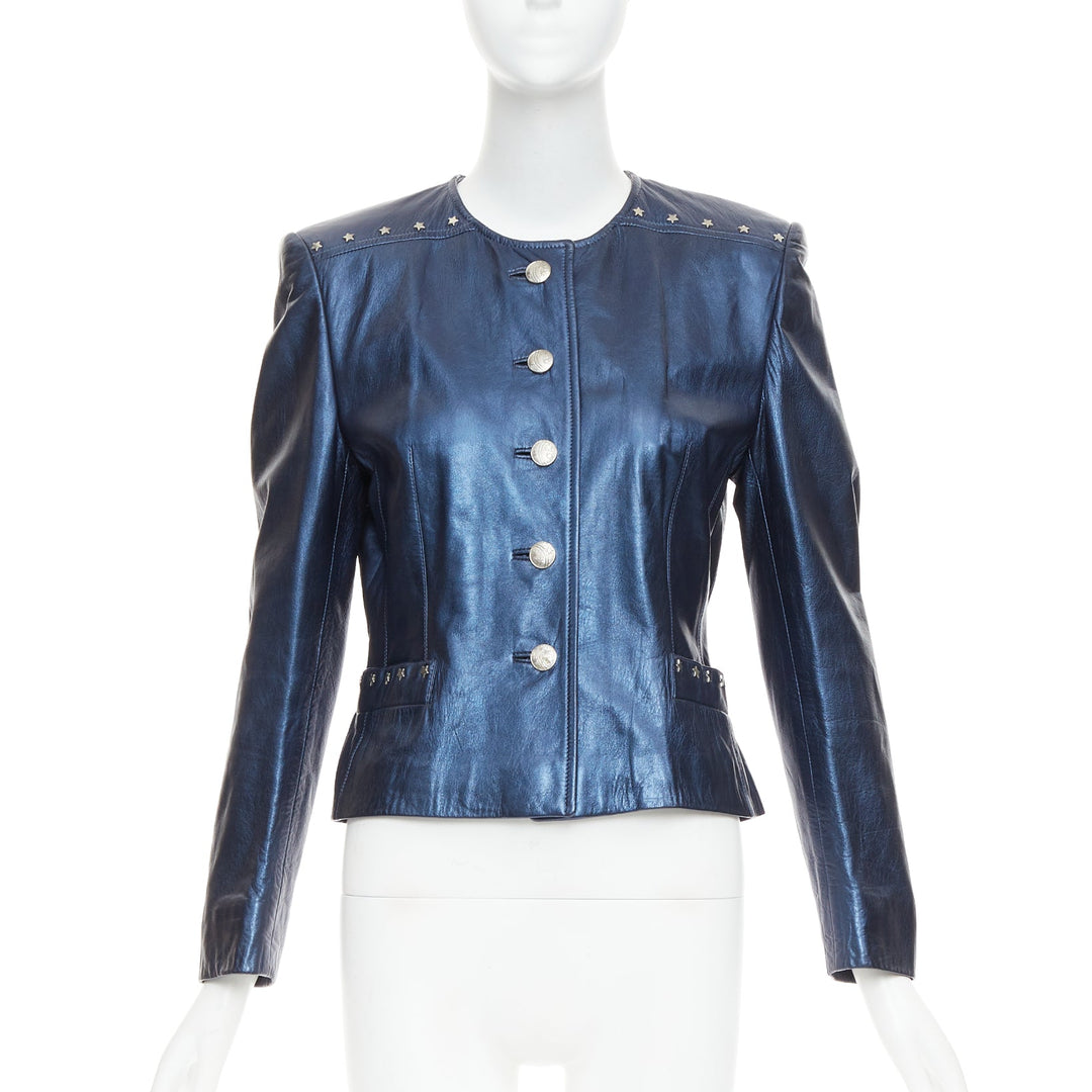 ESCADA Vintage 1980s Starry Night metallic blue leather stud jacket FR34 S