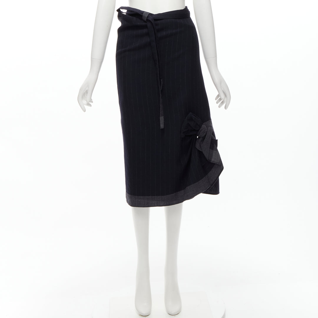 COMME DES GARCONS 2003 100% wool black pinstripe plaid bow wrap kilt skirt