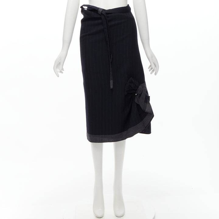 COMME DES GARCONS 2003 100% wool black pinstripe plaid bow wrap kilt skirt