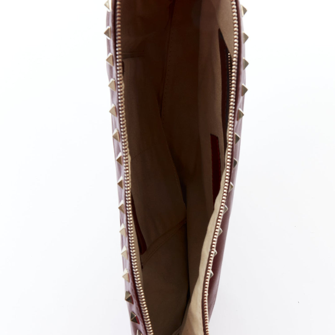 VALENTINO Rockstud rose gold burgundy leather studded logo clutch