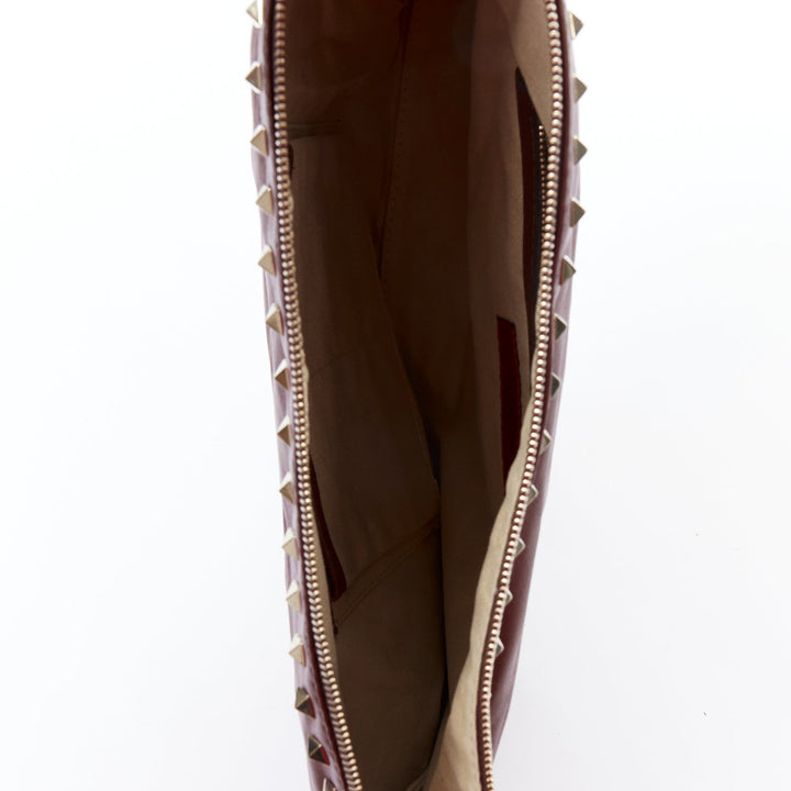 VALENTINO Rockstud rose gold burgundy leather studded logo clutch