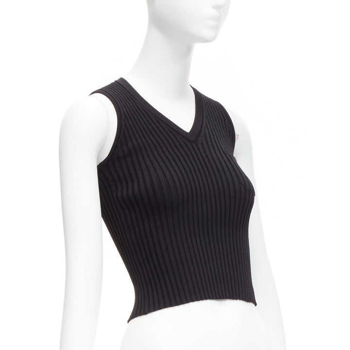 CHANEL 01A gold CC logo charm  black ribbed V neck cropped vest top FR38 M