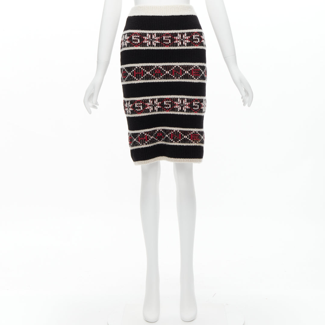 CHANEL Number 5 red black white CC logo fair isle intarsia skirt FR34 XS