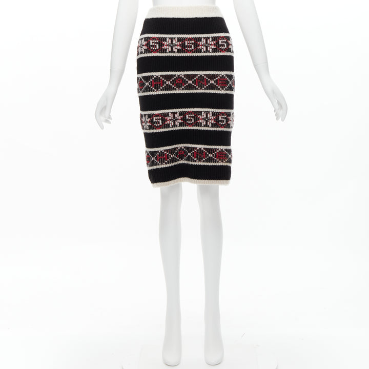 CHANEL Number 5 red black white CC logo fair isle intarsia skirt FR34 XS