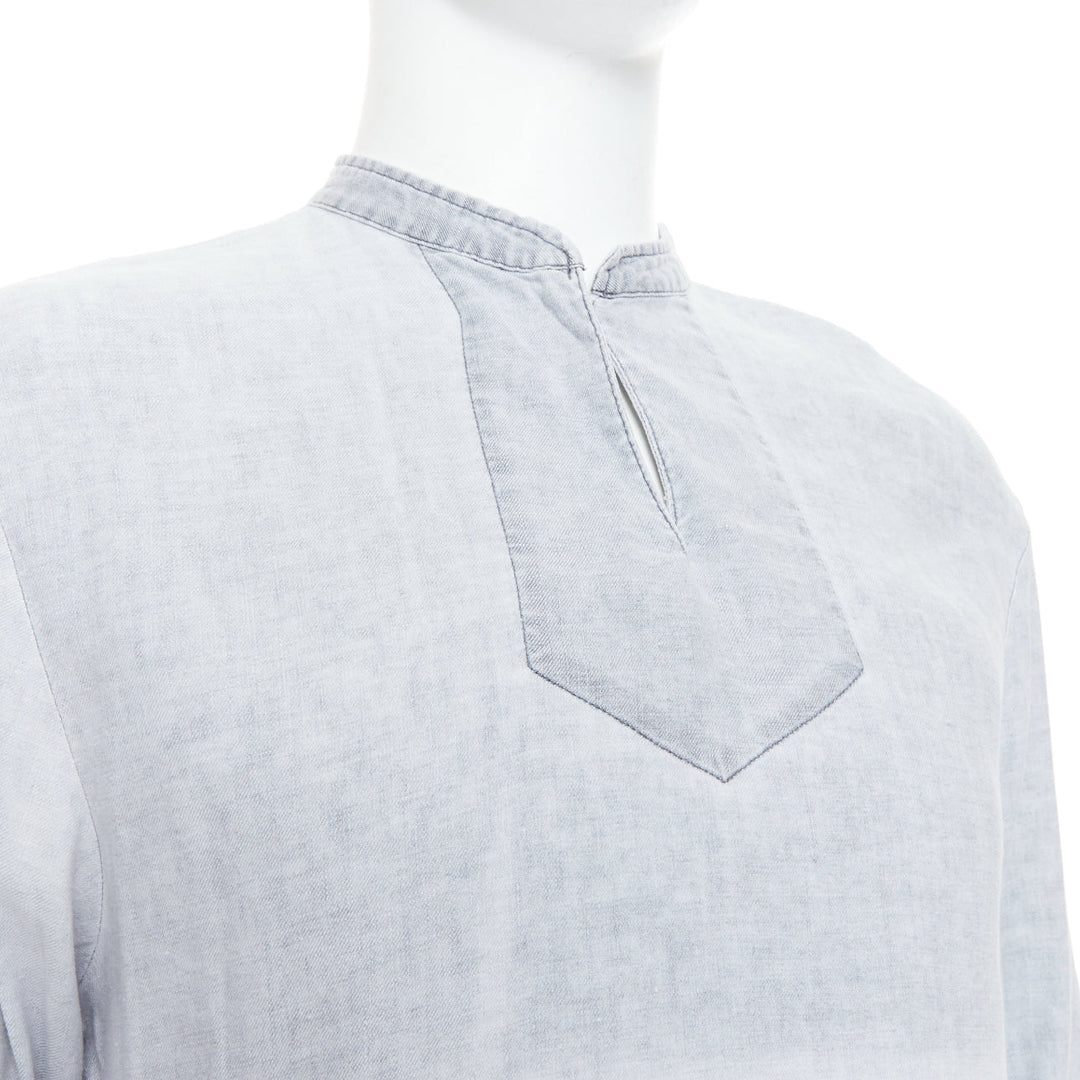 A.P.C. grey linen blend washed distressed slit collar long sleeve shirt S