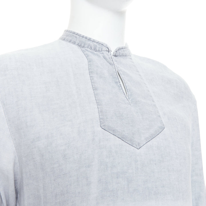 A.P.C. grey linen blend washed distressed slit collar long sleeve shirt S