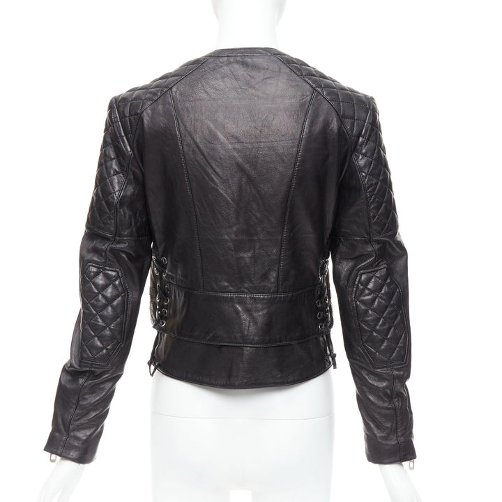 BALENCIAGA 2011 black leather quilted silver zip crop moto biker FR38 M