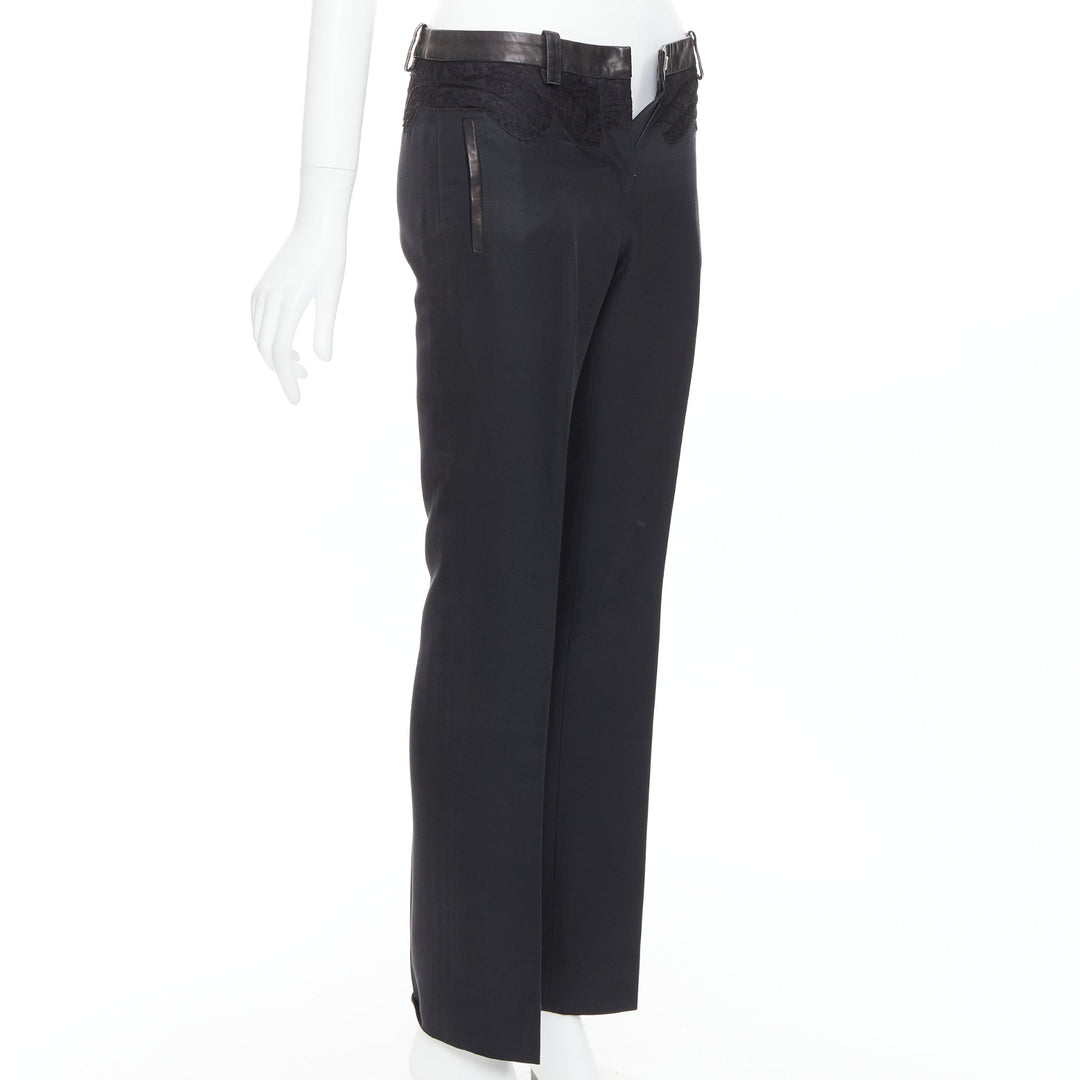 VERSACE black cotton blend lace leather trim waist tapered trousers IT38 XS