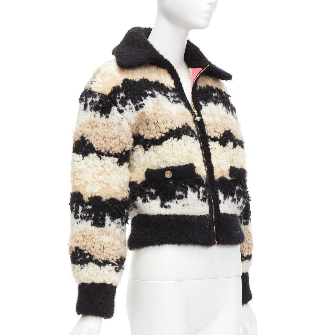 CHANEL 20N Coco Neige CC pearl zip cream wool cashmere cropped bomber FR34 XS