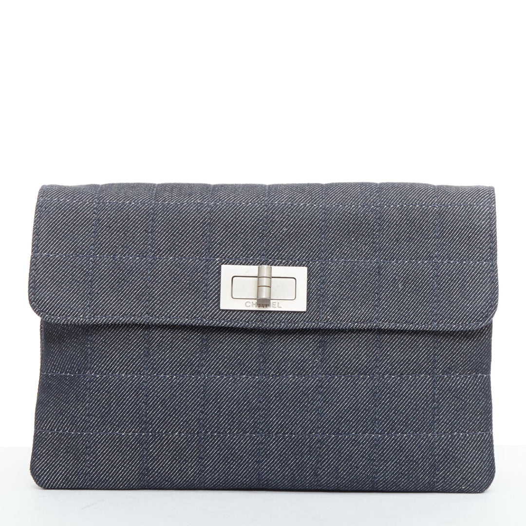 CHANEL Mademoiselle Chocolate Bar denim blue quilted clutch bag