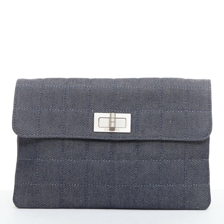 CHANEL Mademoiselle Chocolate Bar denim blue quilted clutch bag