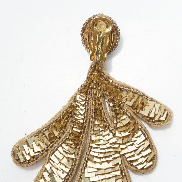OSCAR DE LA RENTA gold sequin bead embellished leaf statement earring