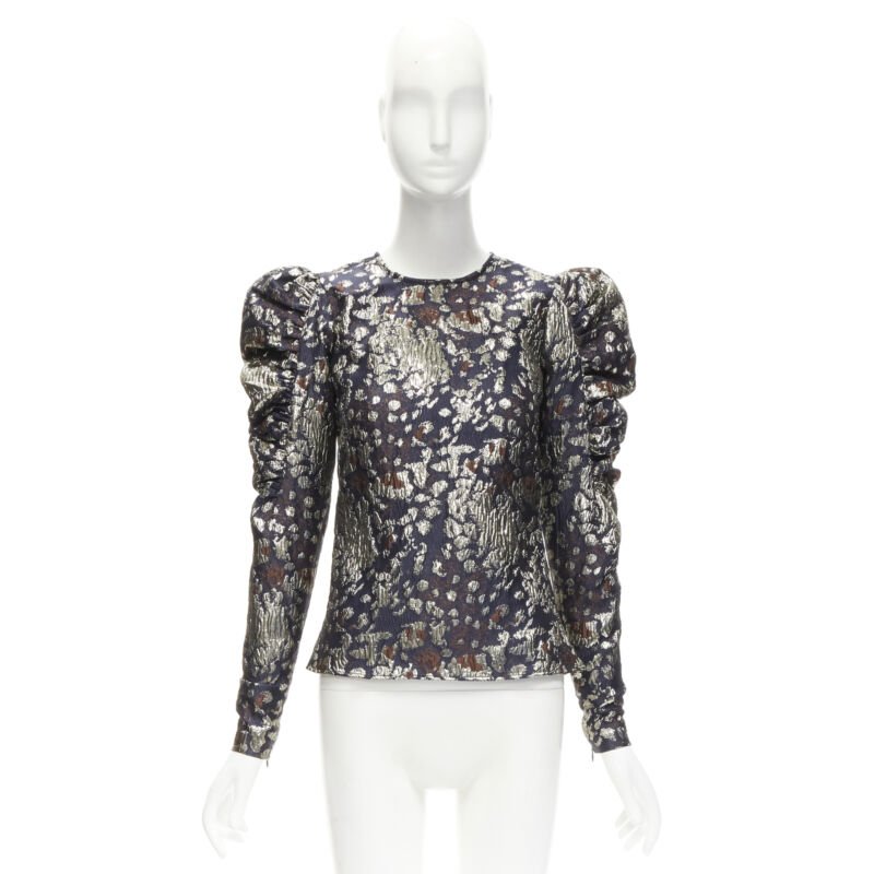 MALENE BIRGER black gold jacquard puff sleeve evening blouse top FR34 XS