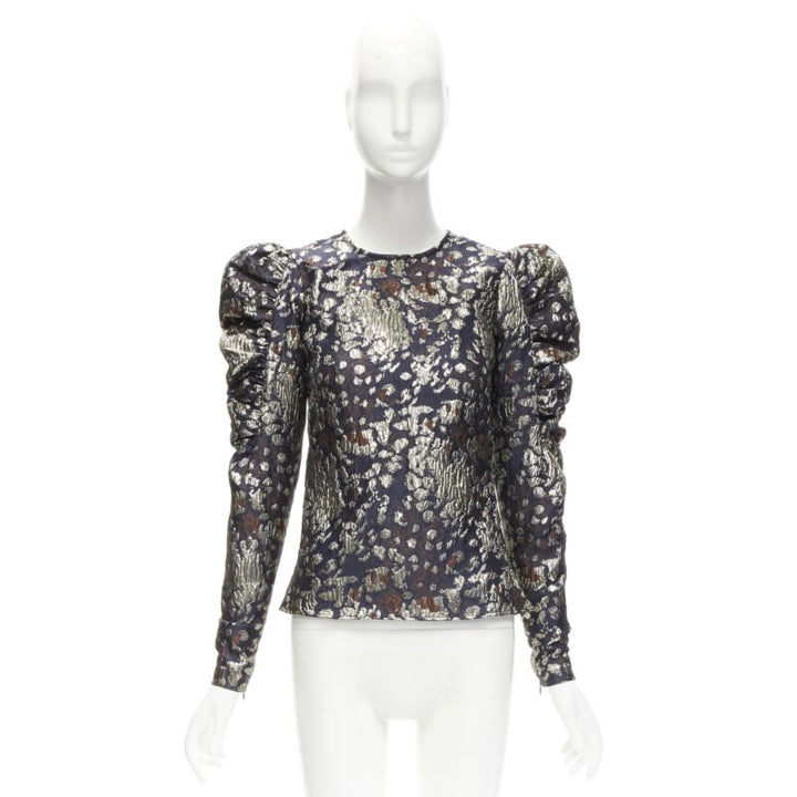MALENE BIRGER black gold jacquard puff sleeve evening blouse top FR34 XS