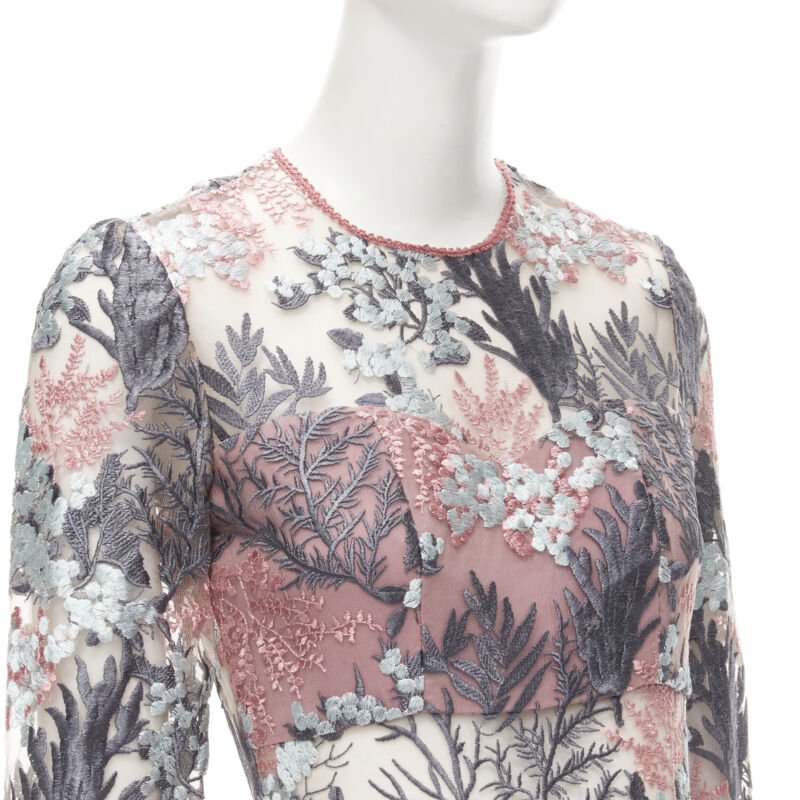 ALEXIS pink green floral embroidery sheer panel fringe flared gown XS