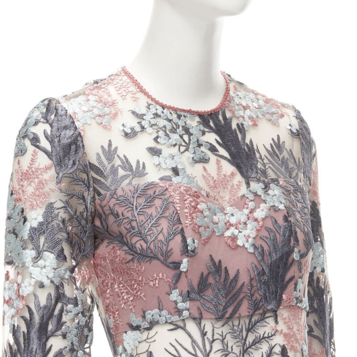 ALEXIS pink green floral embroidery sheer panel fringe flared gown XS