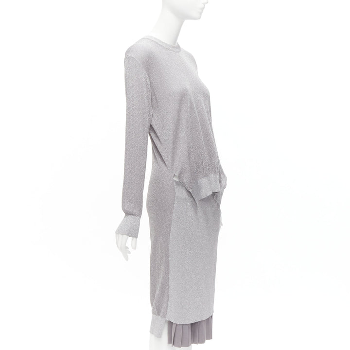 TOGA ARCHIVES metallic silver lurex pleats layered hem ribbed dress FR36 S